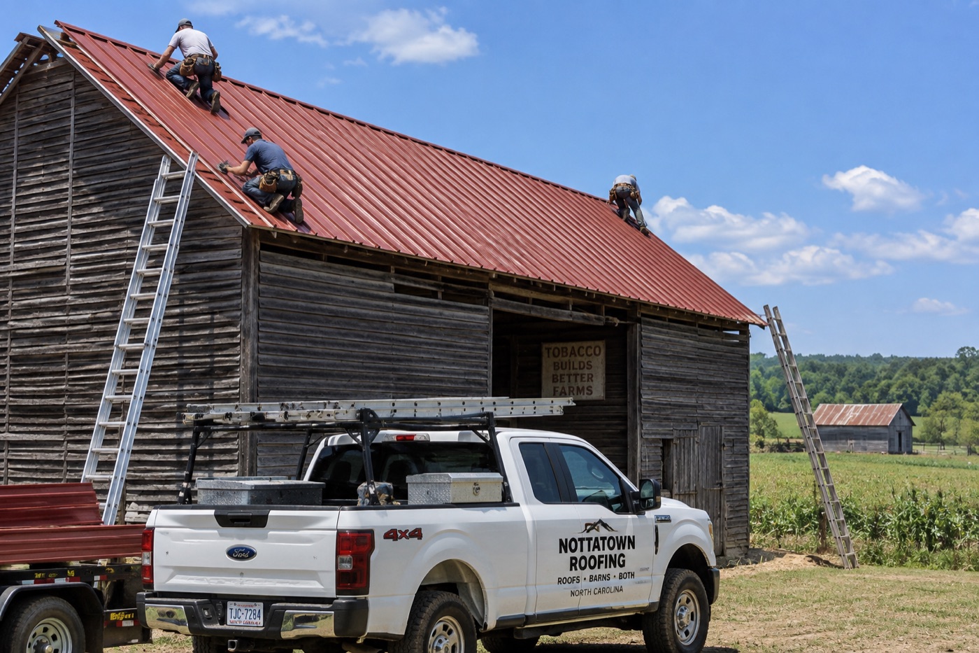 The Nottatown Roofing crew at work on a barn roof